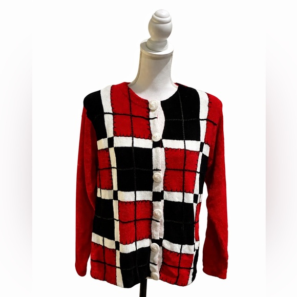 Victoria Harbour Sweaters - Vintage Victoria Harbour Red Black White Chenille Knit Sweater Medium M NEW NWT
